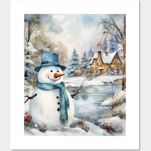 Snowman Log Cabin Winter Wall Art by tfortwo